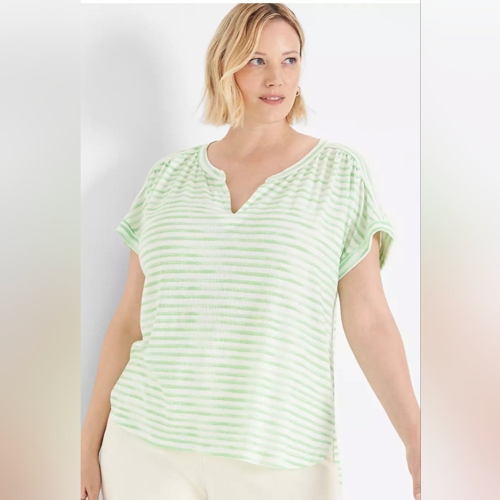 Lane Bryant Green Striped Short Sleeve Tee